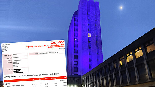 The civic tower lit up, and the bill for the work