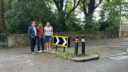 Councillors Sam Al-Hamdani, Alicia Marland and Mark Kenyon at a chicane at Beckett Street in Lees