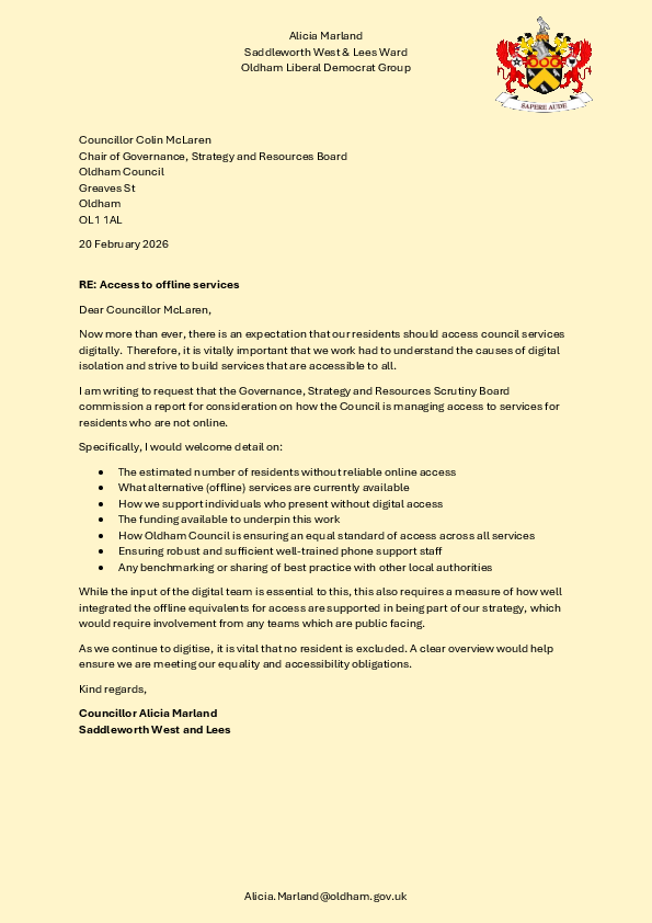 The letter to scrutiny chair Colin McLaren