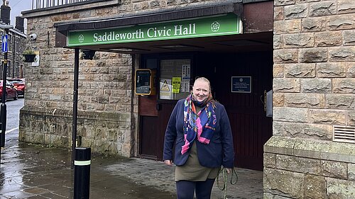Helen Bishop outside the Civic Hall