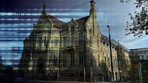 An image of the new town hall with digital data superimposed on it
