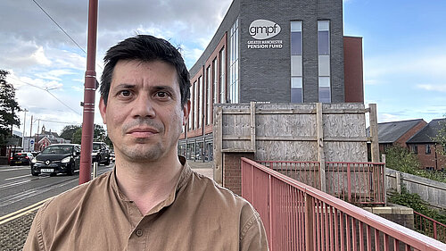 Councillor Sam Al-Hamdani outside the GMPF offices